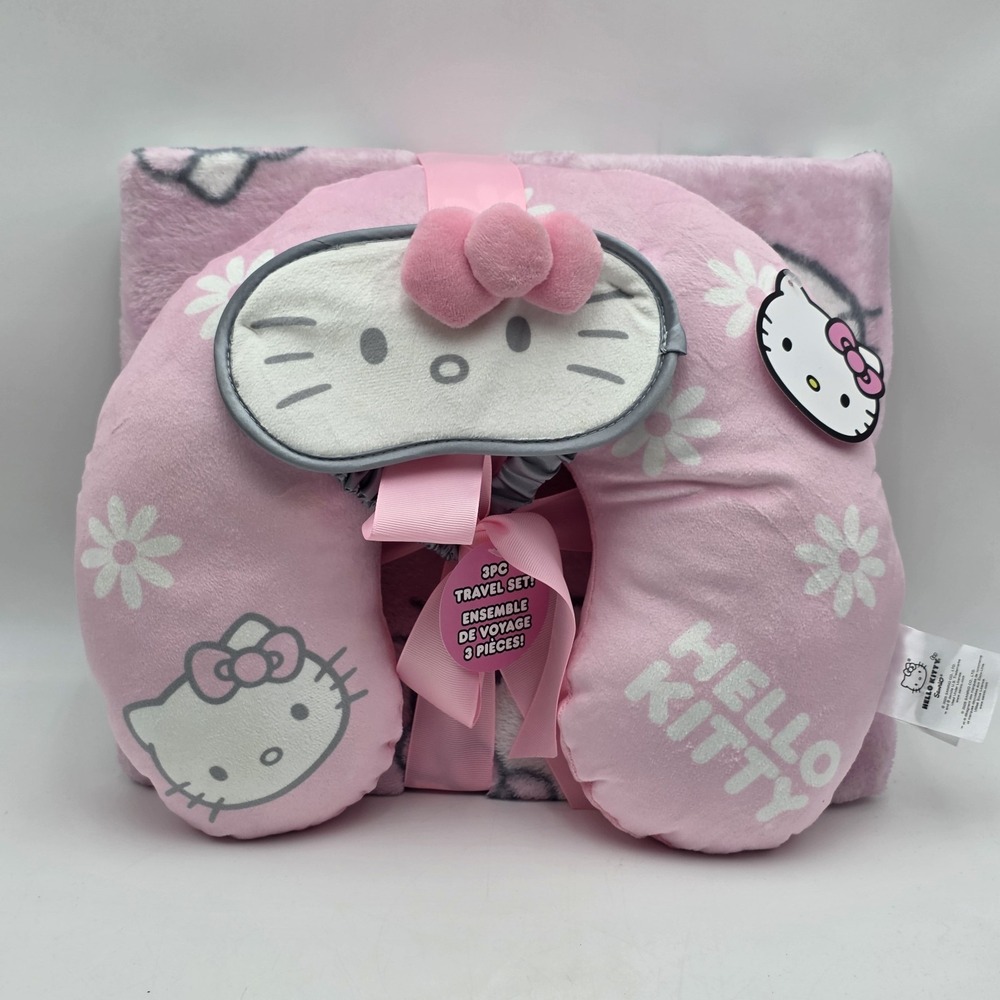 Hello Kitty 3 Piece Travel Set Pillow, Blanket, Mask Gift Set Sanrio NWT